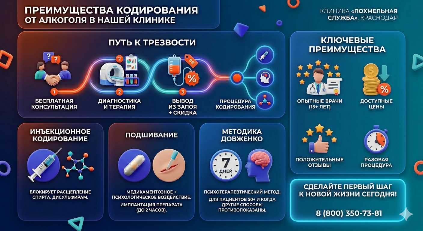 Инфографика о методах кодирования от алкоголя в Нефтекамске: инъекции, подшивание, метод Довженко. Преимущества клиники и этапы лечения.